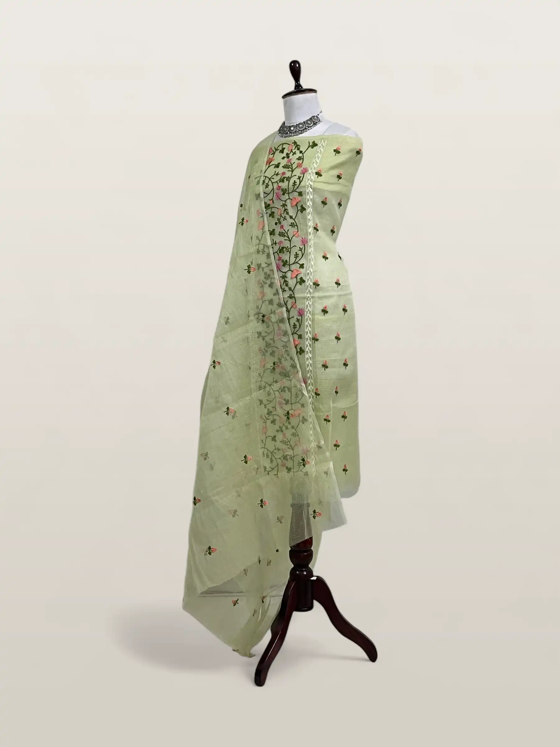 Kota Doria Dress Material Pista Green Floral Jaal view 2