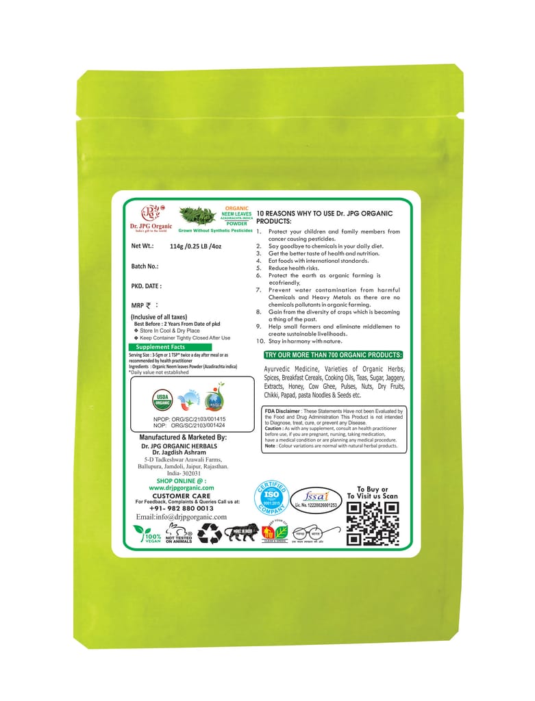 Dr. JPG Organic herbals Neem Powder 228g / Azadirachta indica/Neem Leaf Powder/INDIA ORGANIC certified / 114g Pack Of 2 view 2