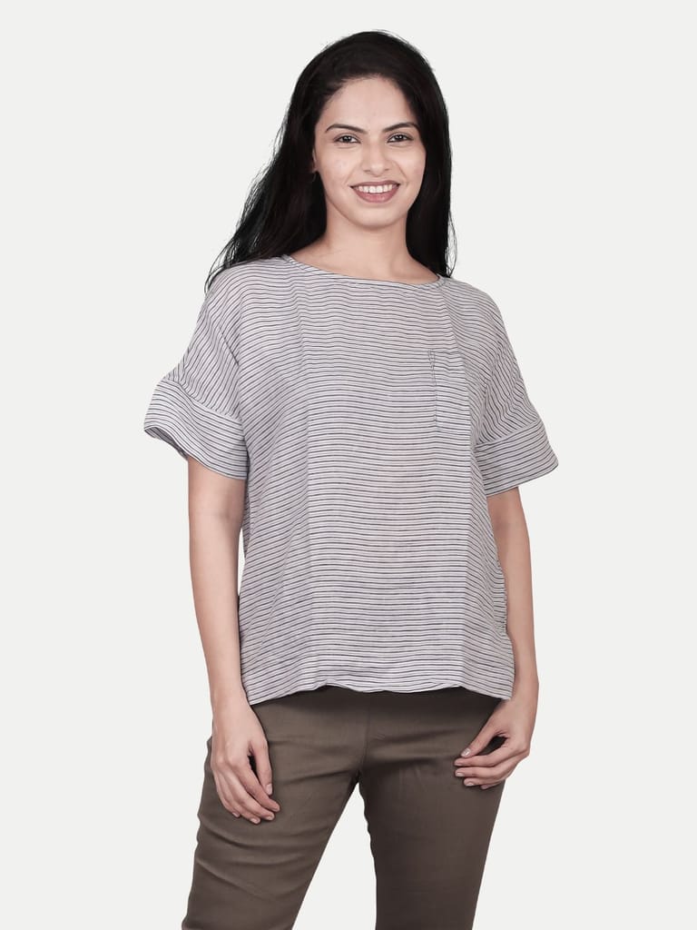 Womens casual Linen Brown Striped Top view 2