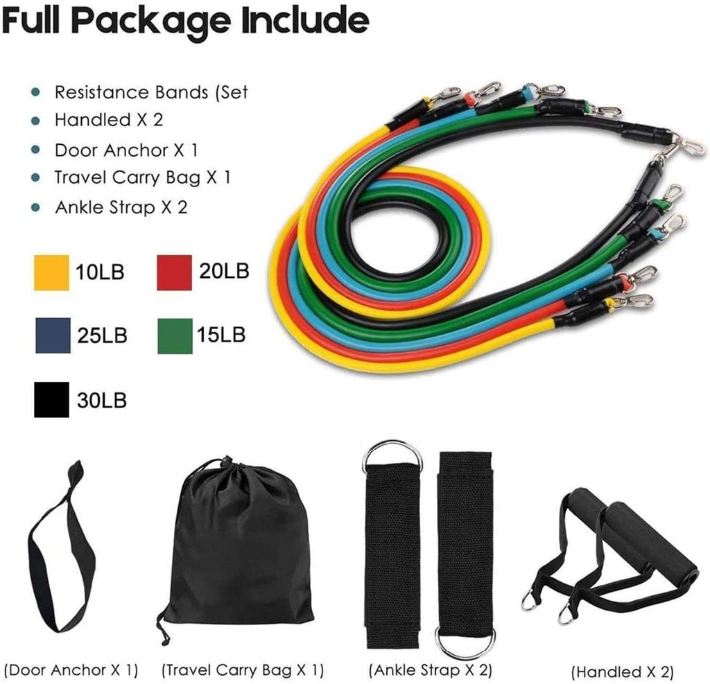 11 in 1 Power Resistance Band, Resistance Toning Tube Set of 5 with Foam Handles