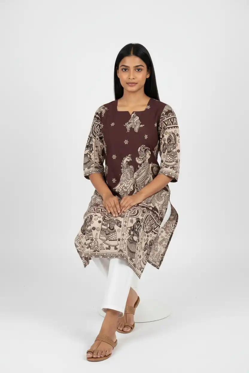 Pattachitra Print Cotton Kurti Chocolate Brown view 2