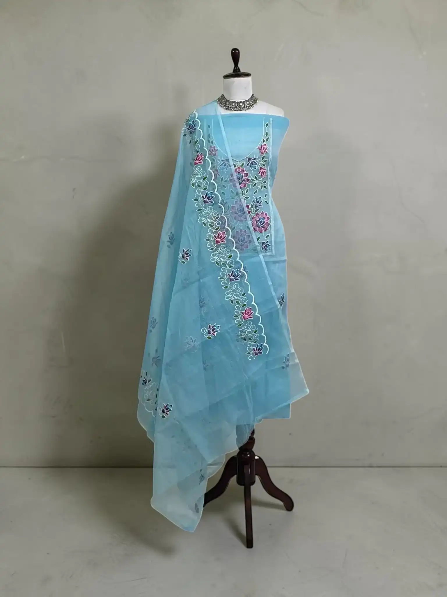 Kota Doria Cotton-Silk Dress Material with Hand-Embroidered Florals