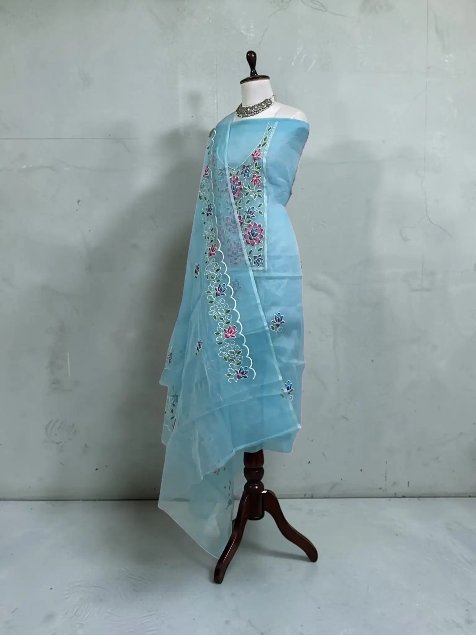 Kota Doria Cotton-Silk Dress Material with Hand-Embroidered Florals view 2