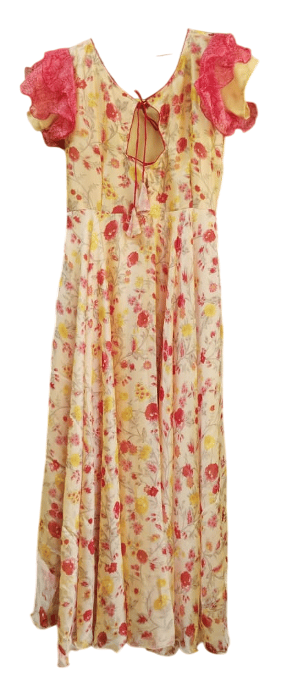 Yellow Floral Georgette Maxi Dress with Ruffle Sleeves view 2