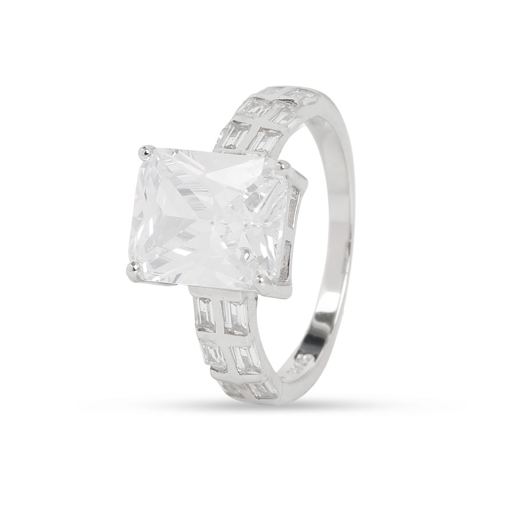 925 Sterling Silver Cushion Cut Solitaire Ring with Baguette Side Stones for Women | Statement CZ Diamond Look Ring I Weight - 3.3 gram