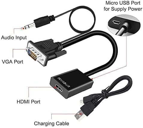 VGA to HDMI with Audio Adapter for Connecting Traditional VGA Interface Laptop, PC to HDMI Monitor or Projector,1080P VGA Male to HDMI Female Converter with 3.5mm Audio Lead and Power Supply Port view 2