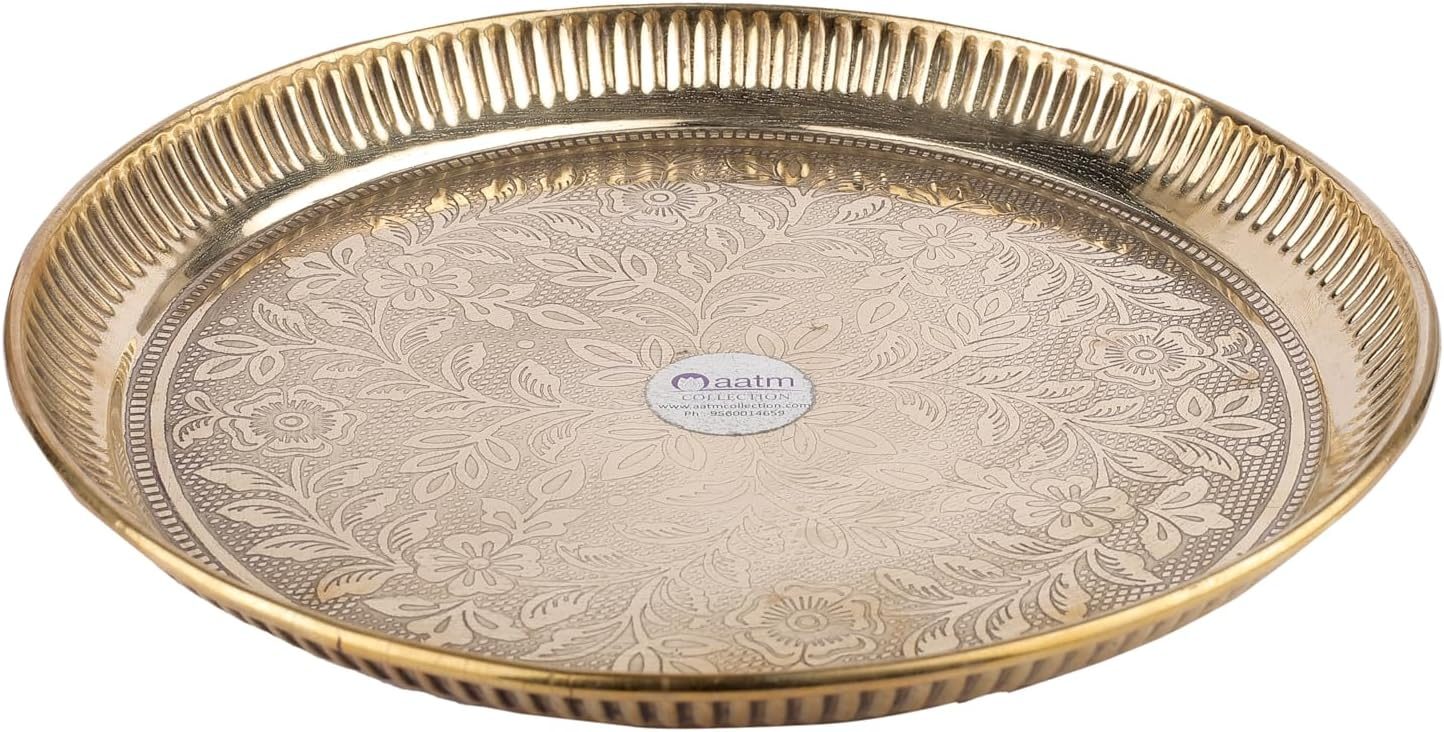 Aatm Pure Brass Pooja Thali Plate - Handcrafted 7-Inch Flower-Embossed Puja Plate - Traditional Aarti Thali for Rituals, Gifting and Home Décor