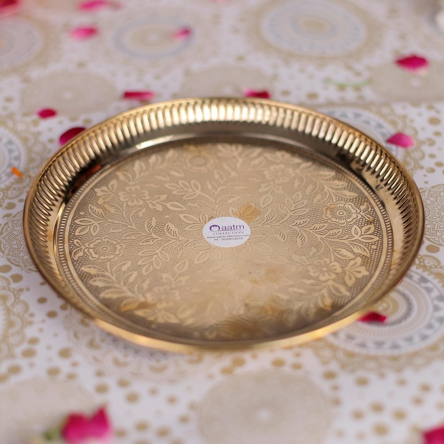 Aatm Pure Brass Pooja Thali Plate - Handcrafted 7-Inch Flower-Embossed Puja Plate - Traditional Aarti Thali for Rituals, Gifting and Home Décor view 2