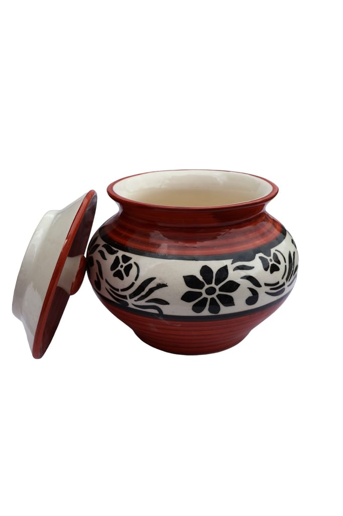Hand-Painted Floral Ceramic Pot with Lid - Red & White Decorative Storage/Serving view 2