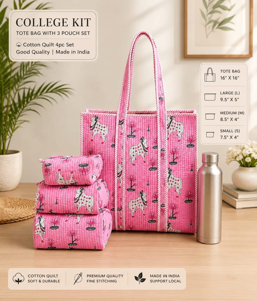 Pink Tropical Quilted Tote Bag and 3 Pouch Set (4-Piece College Kit) view 2