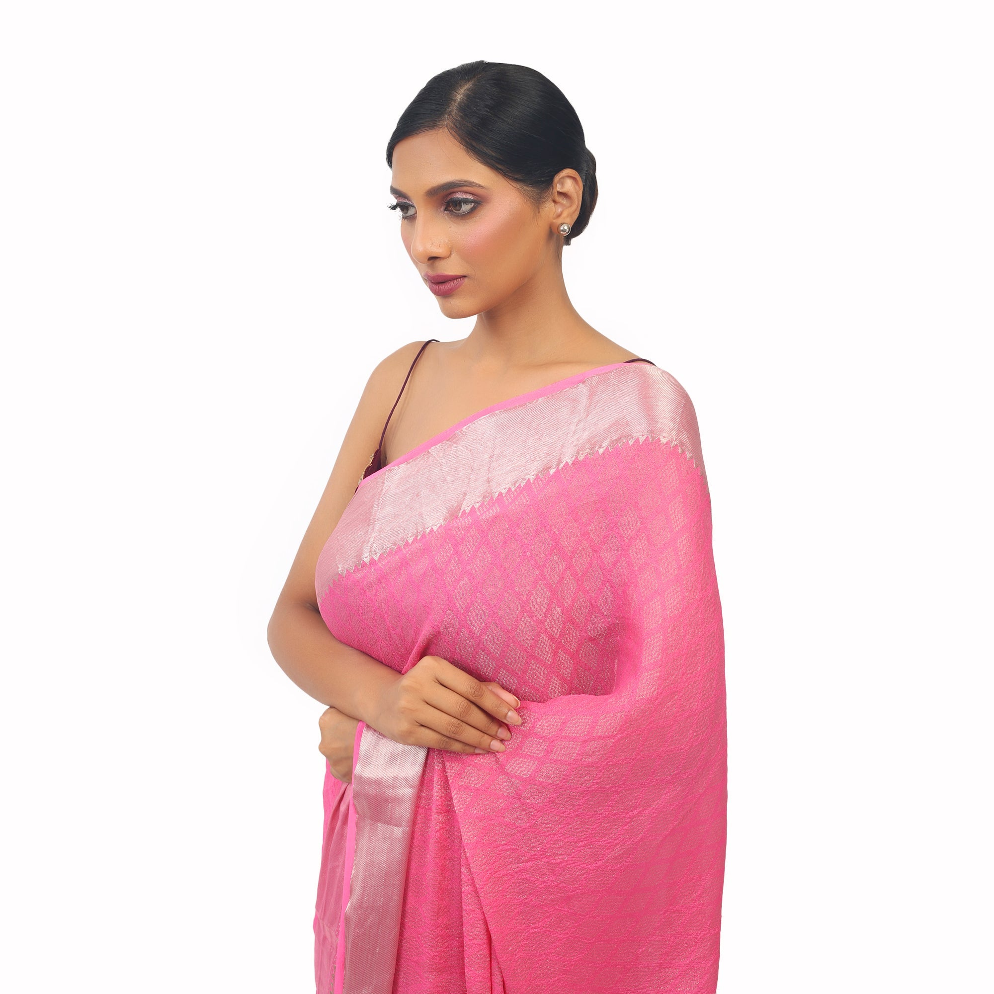 TheHangr Pink Soft Georgette Designer Saree With Silver Work view 2