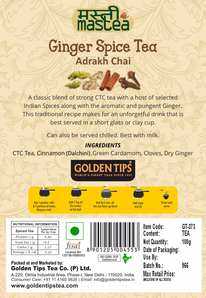 Golden Tips Indian Spicy Ginger Mastea Cardamom, Cinnamon, Cloves, Ginger Masala Tea Pouch (100g-50 Cups)) view 2
