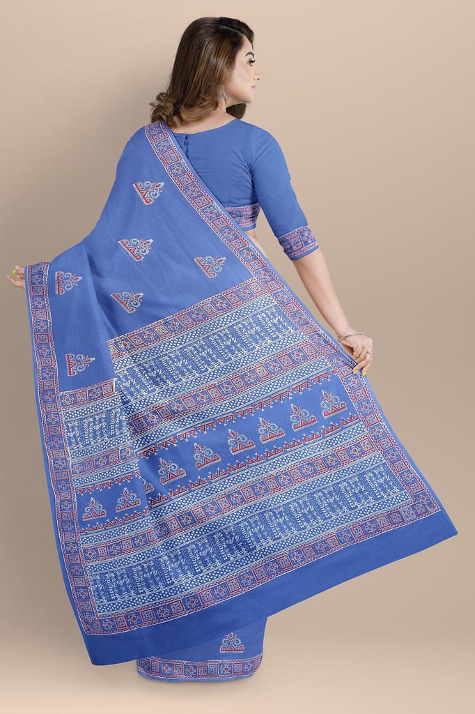 Yale Blue Tribal Motif Chhipa Hand Block Print Malmal Cotton Saree SKU-AS10065 view 2