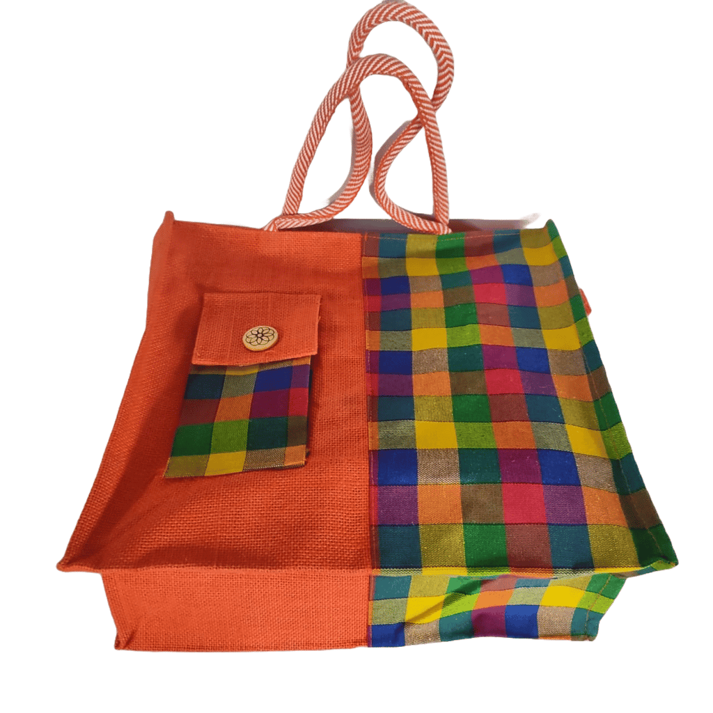 Jute Tote Bag with Colorful Checkered Patchwork view 2