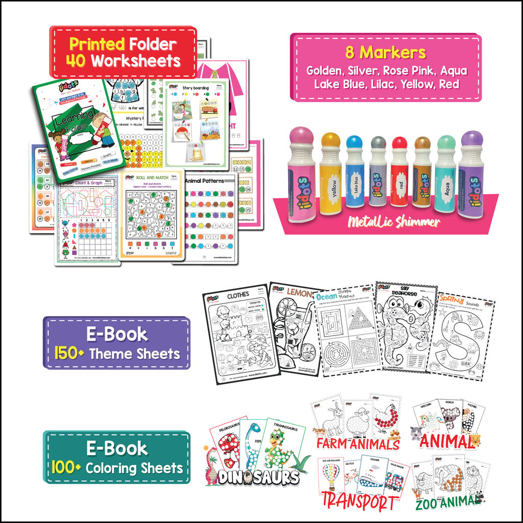 IIDOTS Dot Markers Toddlers Kids 8 Colors Jumbo 60 ml Water Based Non Toxic Fun Art & Craft Supplies | Metallic Shimmer Dab 18 mm With 40 Printed Brain Boosting Worksheets & 350+ Theme Based E-Sheets view 2