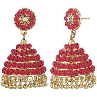 Red Ruby Crystal Jhumki Red Circle Top Earrings Golden Red Brass Copper Earrings for Women's Fashion Jewelry view 2