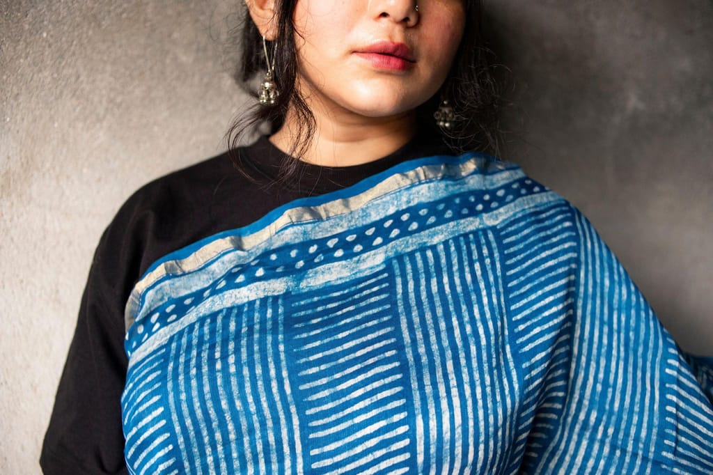 Kaisori Malhar Dabu Indigo Silk Cotton saree view 2