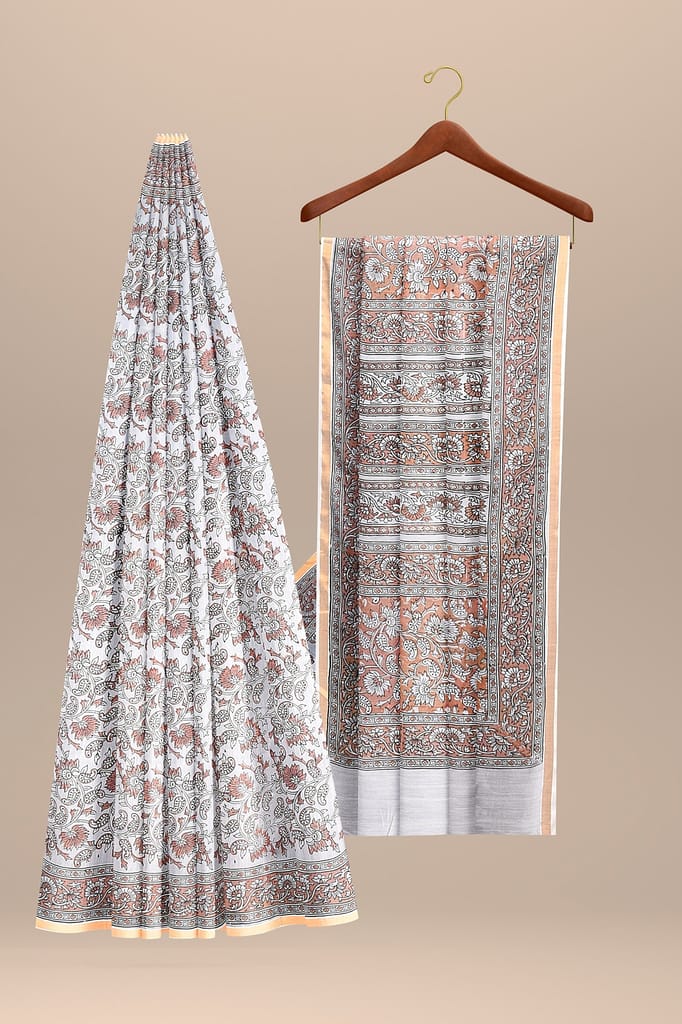 Off White Floral Motif Handwoven Hand Block Print Sausar Silk Saree SKU-AS10005 view 2