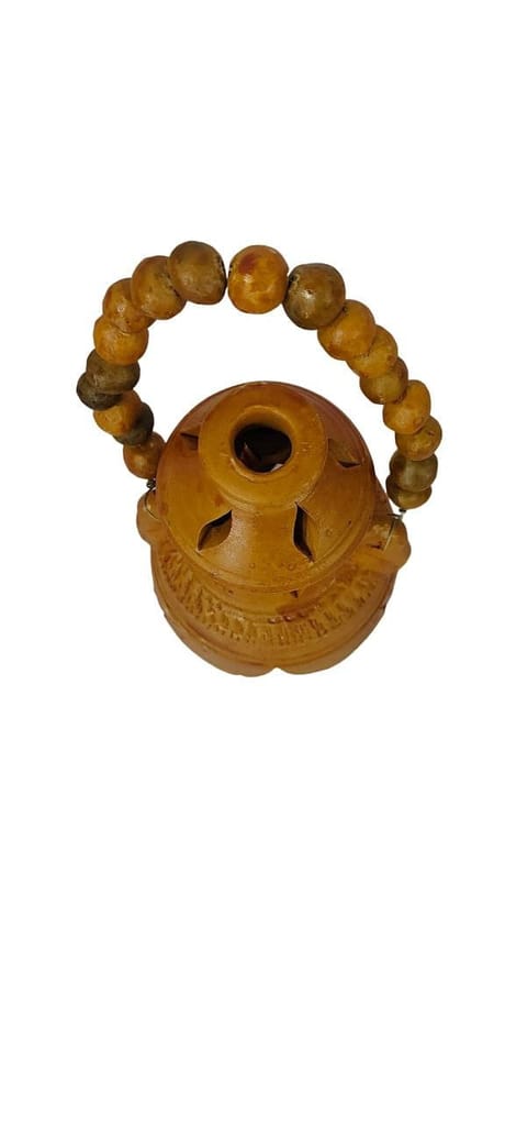 Handmade clay diya with intricate detailing and wooden beads for hanging view 2