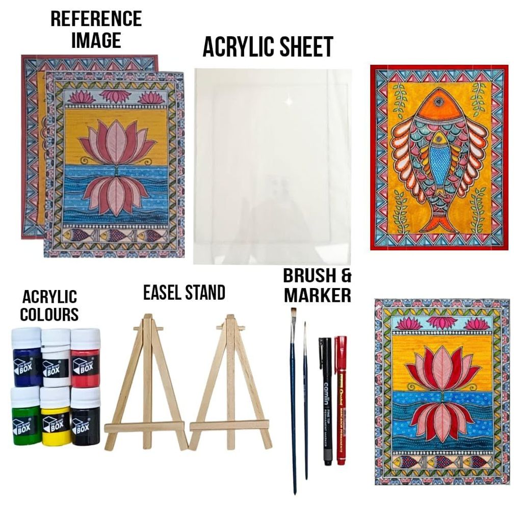 The Brown Box-Madhubani Art Kit for Adults and Kids | Traditional Indian Painting Set | 6 Vibrant Acrylic Colors | Easy Tracing Design | Video Instructions Included | Reverse painting kit | Art and Craft Kit | DIY Kit view 2
