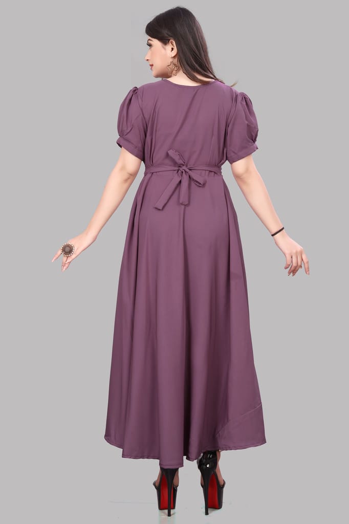 Women's Stylish Mauve Rayon A-Line Dress with Puff Sleeves view 2