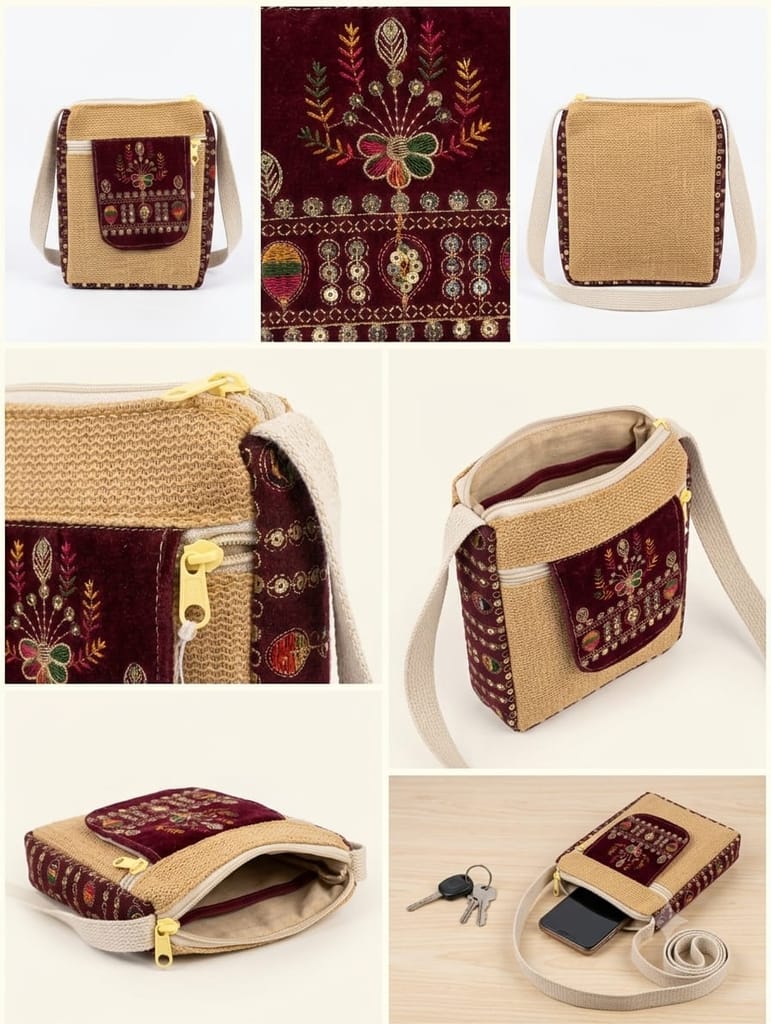 Handmade Beige Jute Sling Bag with Maroon Velvet Embroidery view 2
