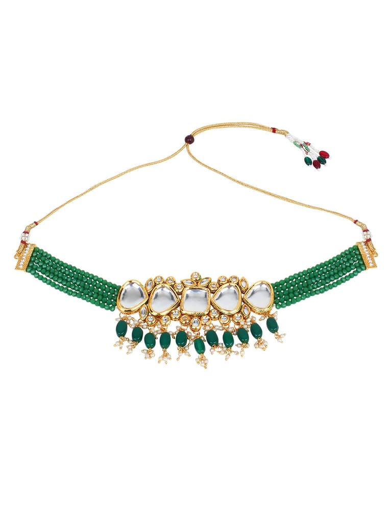 Cardinal Green Color Multistring Kundan Gold Plated Brass Choker Necklace Set view 2