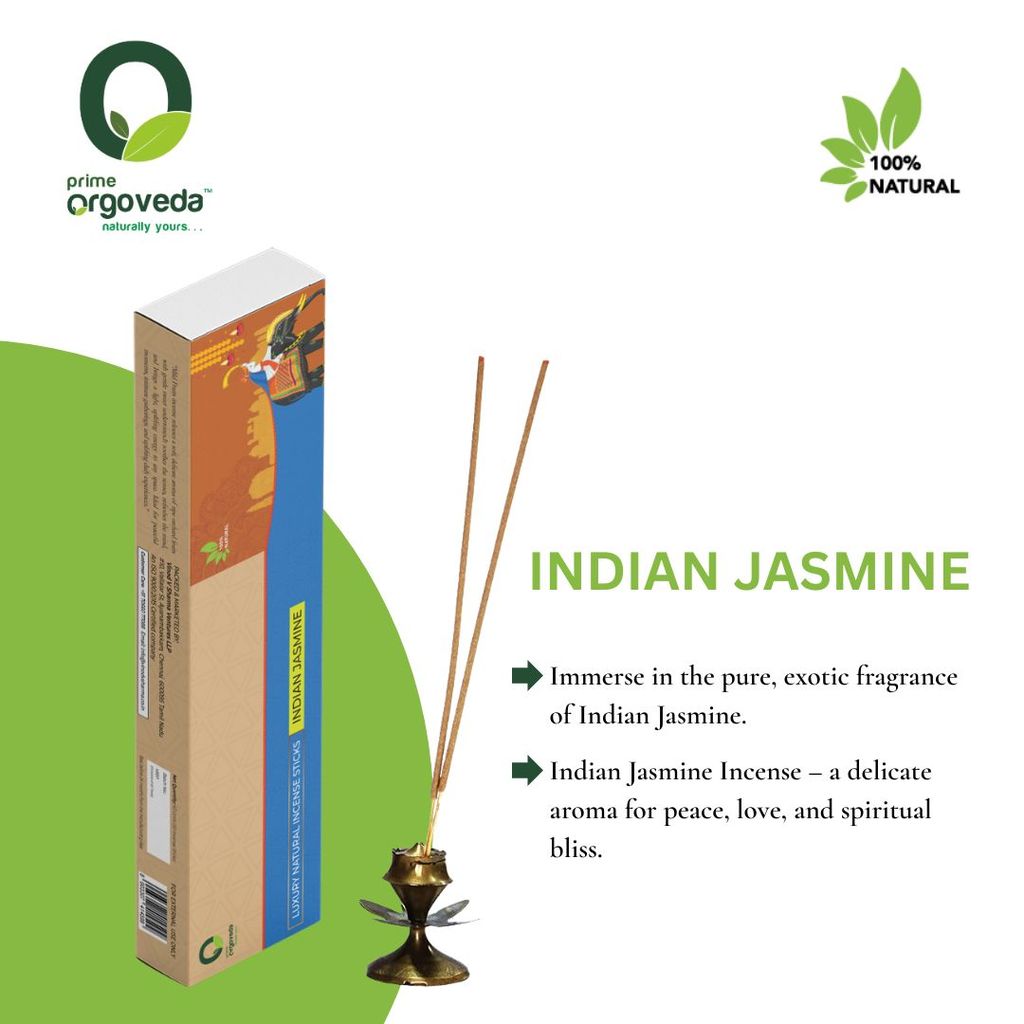 Prime Orgoveda Indian Jasmine Incense Sticks | 100% Natural Charcoal-Free Agarbatti | Long-Lasting Jasmine Aroma for Prayer, Pooja & Meditation (Pack of 50 Sticks) view 2