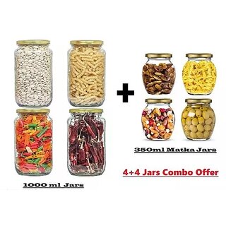 4+4 Combo Glass Jar with Air Tight -Lid Four 1000ml Jars+ Four 350ml Matka Jars for Kitchen Storage Pack of 4+4(8) view 2