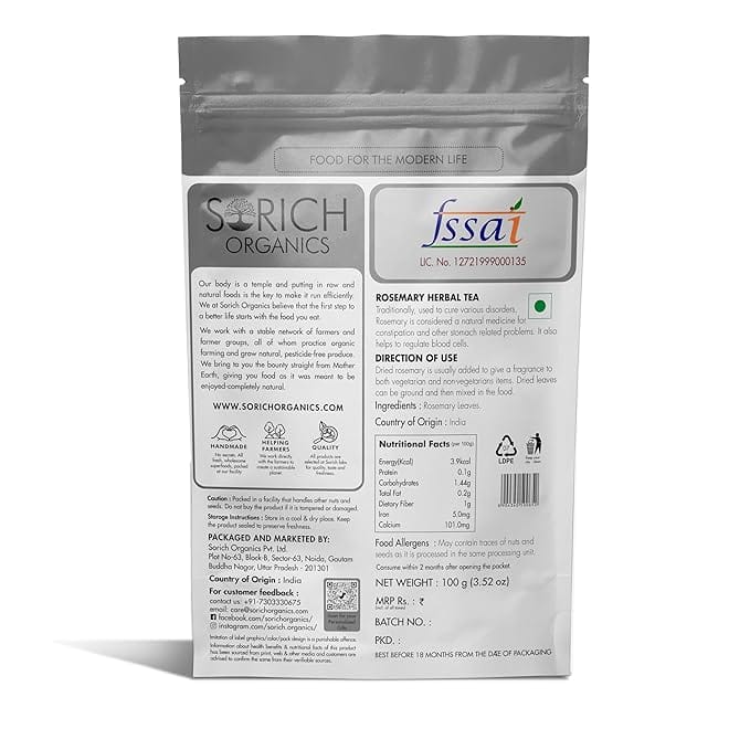 Sorich Organics Rosemary Leaves 100 Gram for Hair Growth and Seasoning Food and Herbal Rosemary Tea | Packed Clean, No Dust| High in Antioxidants | Improve Memory | Protect Vision | Lower Blood Sugar view 2