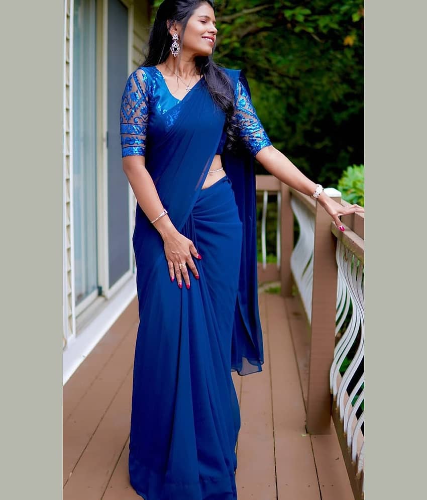 ANAND SAREES Georgette Dyed Saree With Unstitched Blouse Piece ( Blue ) view 2