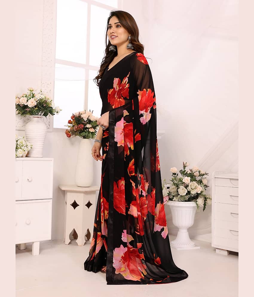 BLEESBURY Chiffon Printed Saree With Unstitched Blouse Piece ( Black ) view 2
