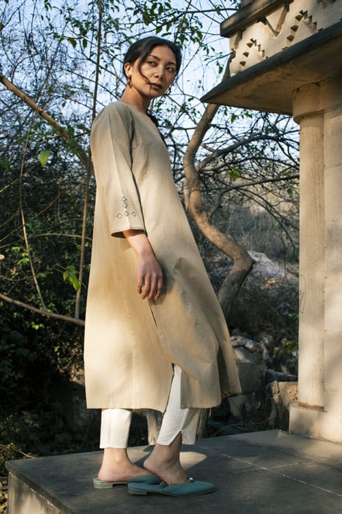 Akriti Beige Handwoven Extra-Weft panelled long kurta view 2