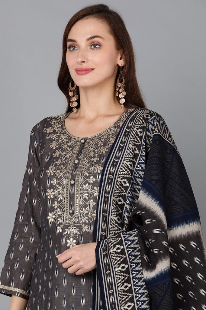 Silk Blend Grey Printed Straight Kurta Pant With Dupatta PKSKD1790 view 2