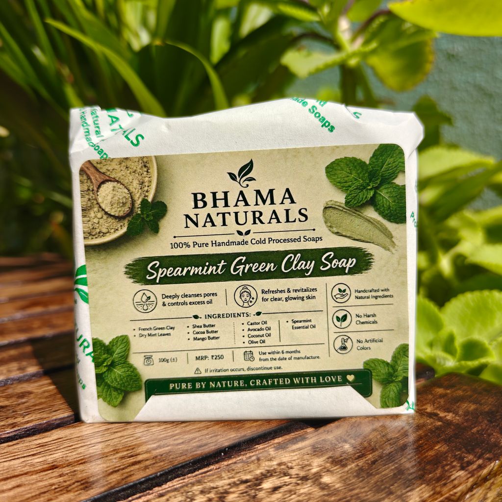 Bhama Naturals Spearmint & French Green Clay Cold Processed Handmade Soap with Natural Butters