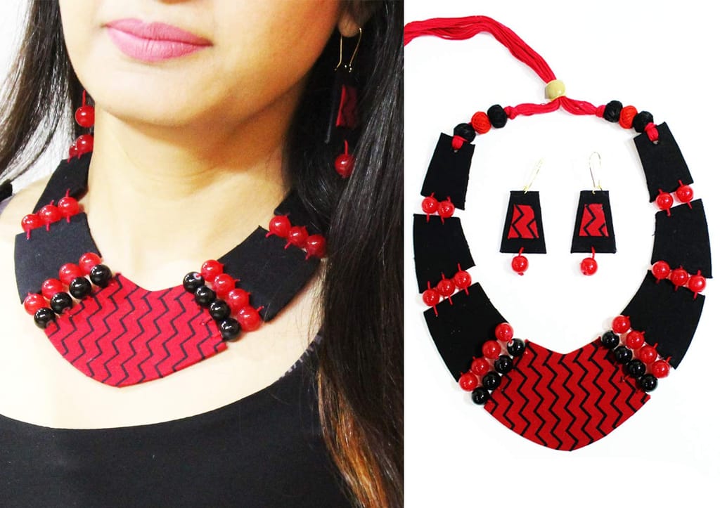 EKAM EK Fabric Printed Design Lightweight Black Necklace and Earring Jewellery Set for Women view 2