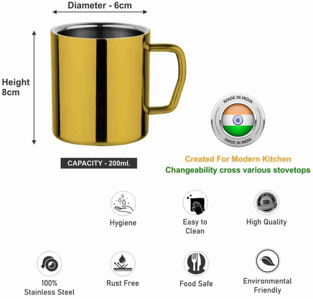 Prabha Set of 4 Gold Stainless Steel Coffee Mugs with Handle, 350ml Double Wall Insulated Metal Cups for Espresso, Tea, Milk view 2