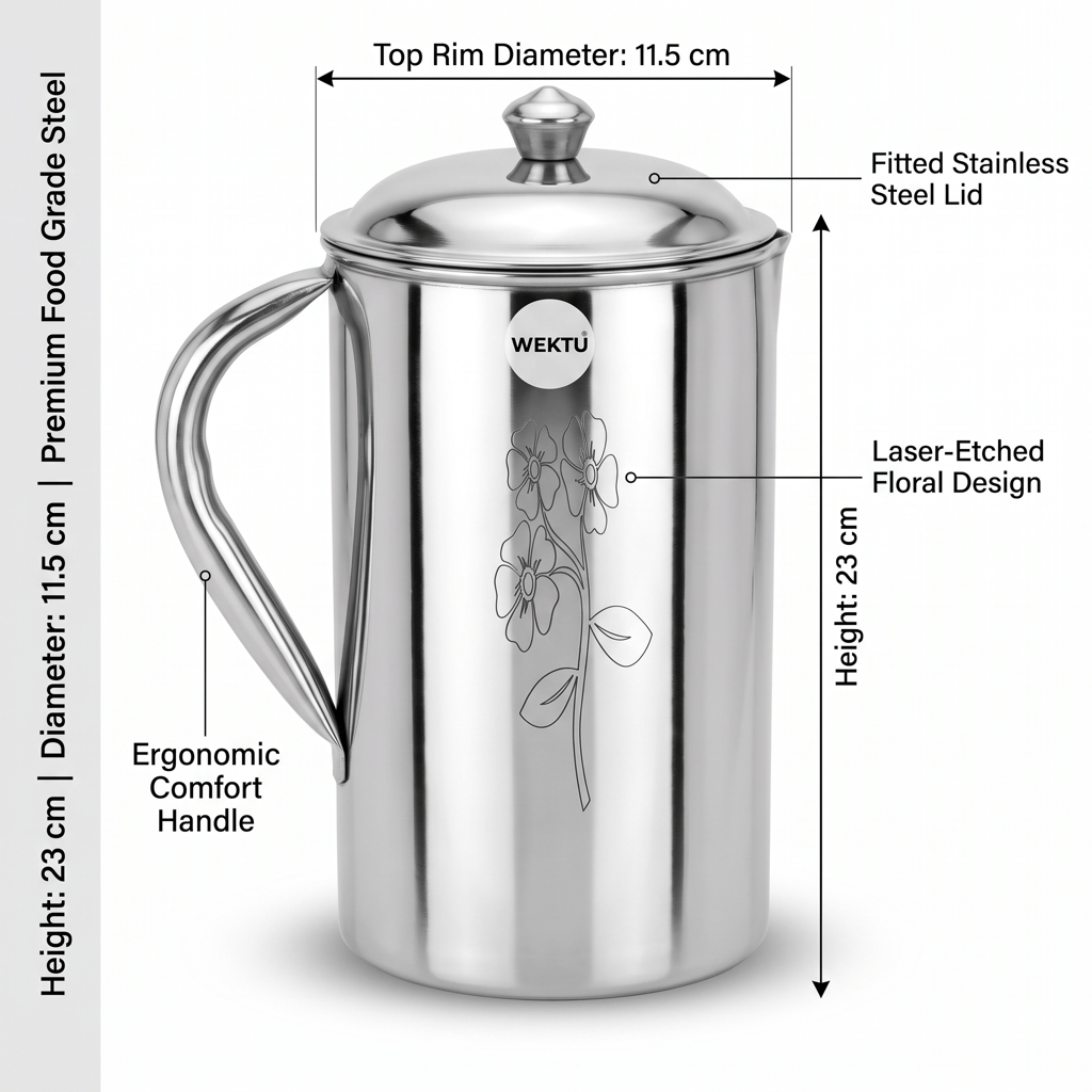 WEKTU Premium Stainless Steel Water Jug with Fitted Lid (23 cm | 11.5 cm Diameter) – Heavy Gauge Laser-Etched Floral Design Water Pitcher | Mirror Finish Server Jug for Home, Kitchen & Dining Table view 2