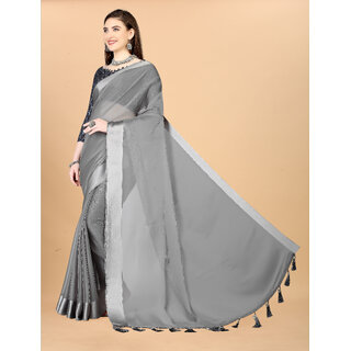 Grey Colour Chiffon Solid Printed Saree With Blouse Piece view 2