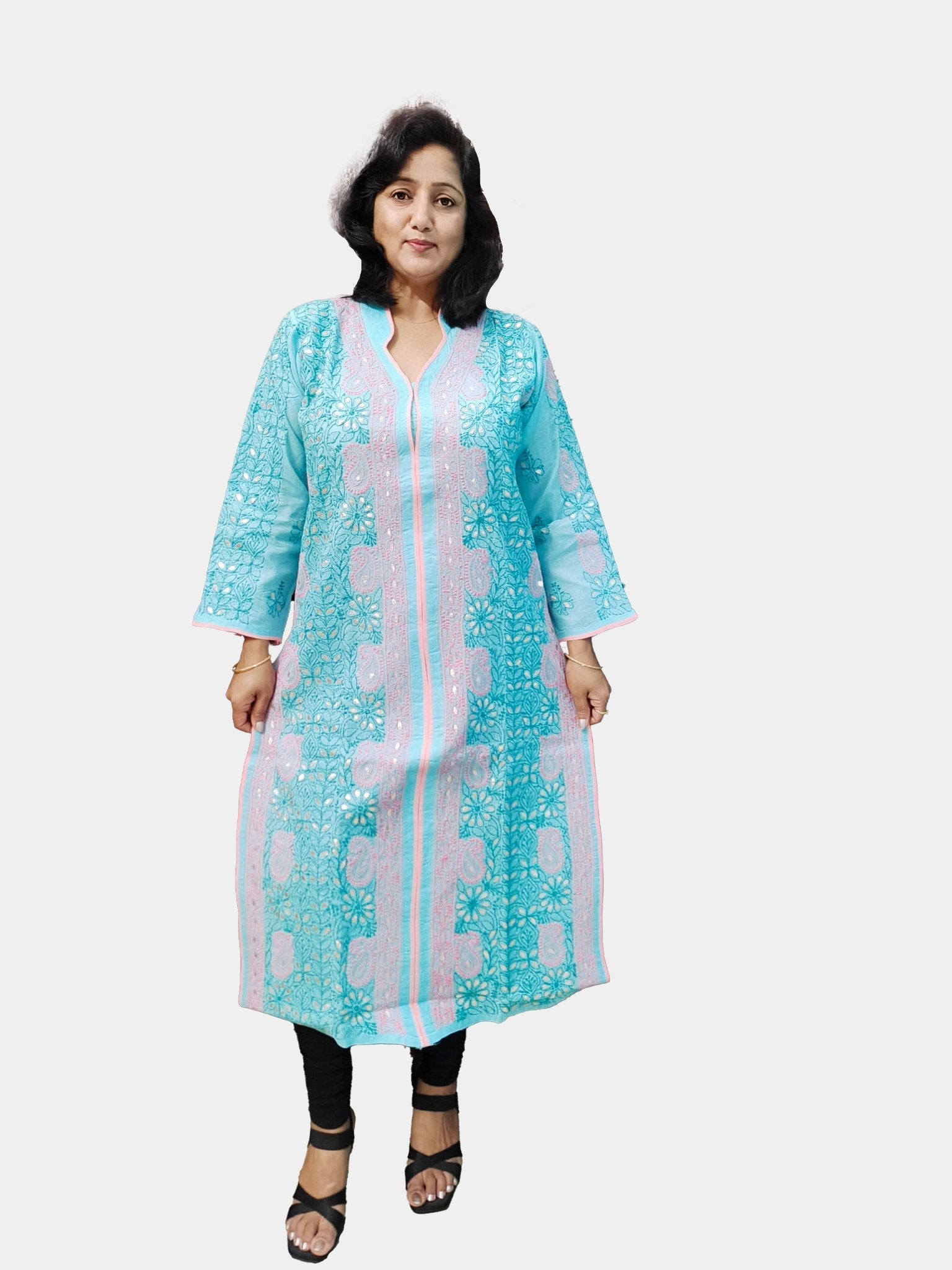 TheHangr Dual Shade Thread Work Blue Cotton Lucknowi Chikankari Kurti view 2
