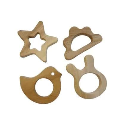 Wooden Baby Teething Toys, Natural Wood Teethers Set of 4, Star Cloud Bird Bunny Shapes