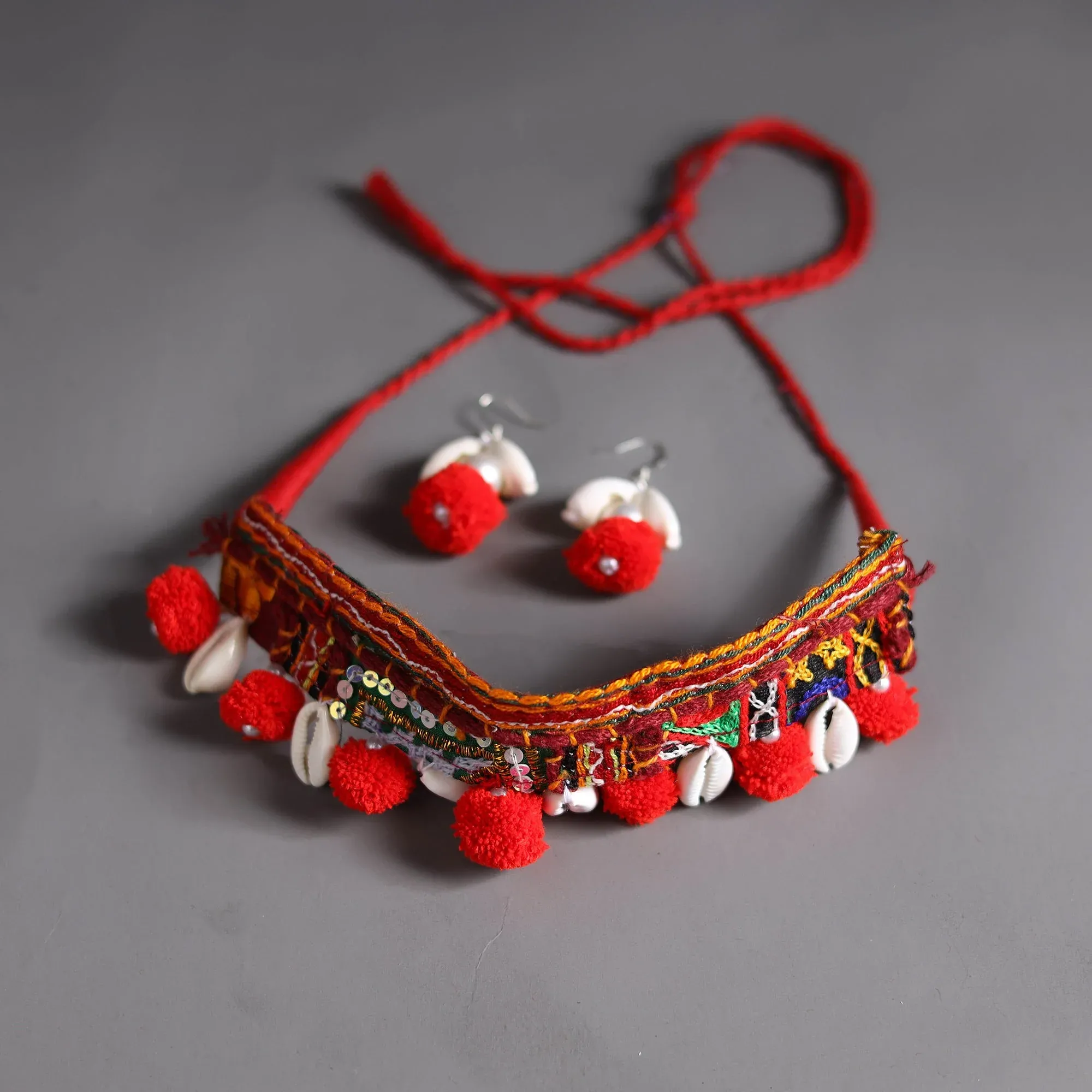 Red - Handcrafted Kutch Embroidered Choker Necklace Set 27 view 2