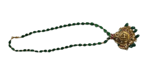 oxidized silver antique finish temple pendant necklace set with green beads mala view 2