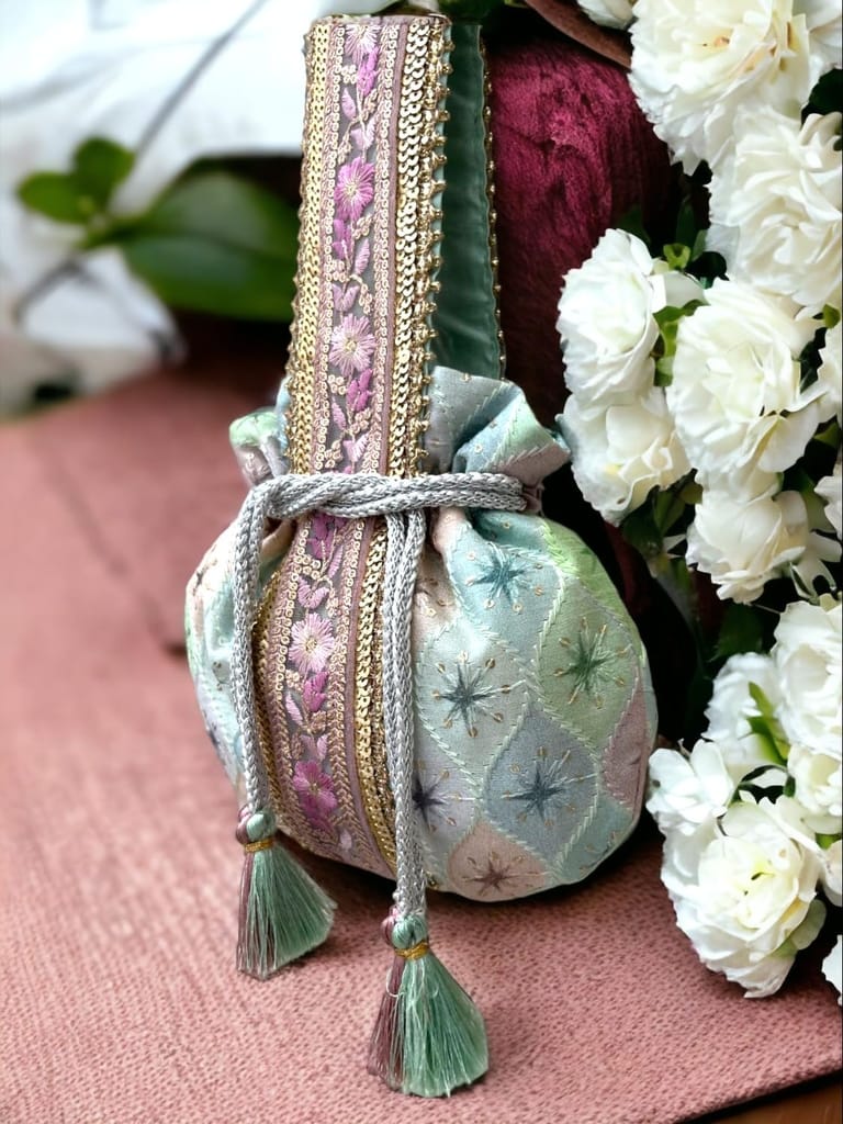ART BY CHAITASI Embellished Designer Potli Bag with Protective Box, Handbag, Wristlets, Clutch for Women, Girls with Handmade Embroidery, Sequin, Beads Work for Parties, Weddings view 2