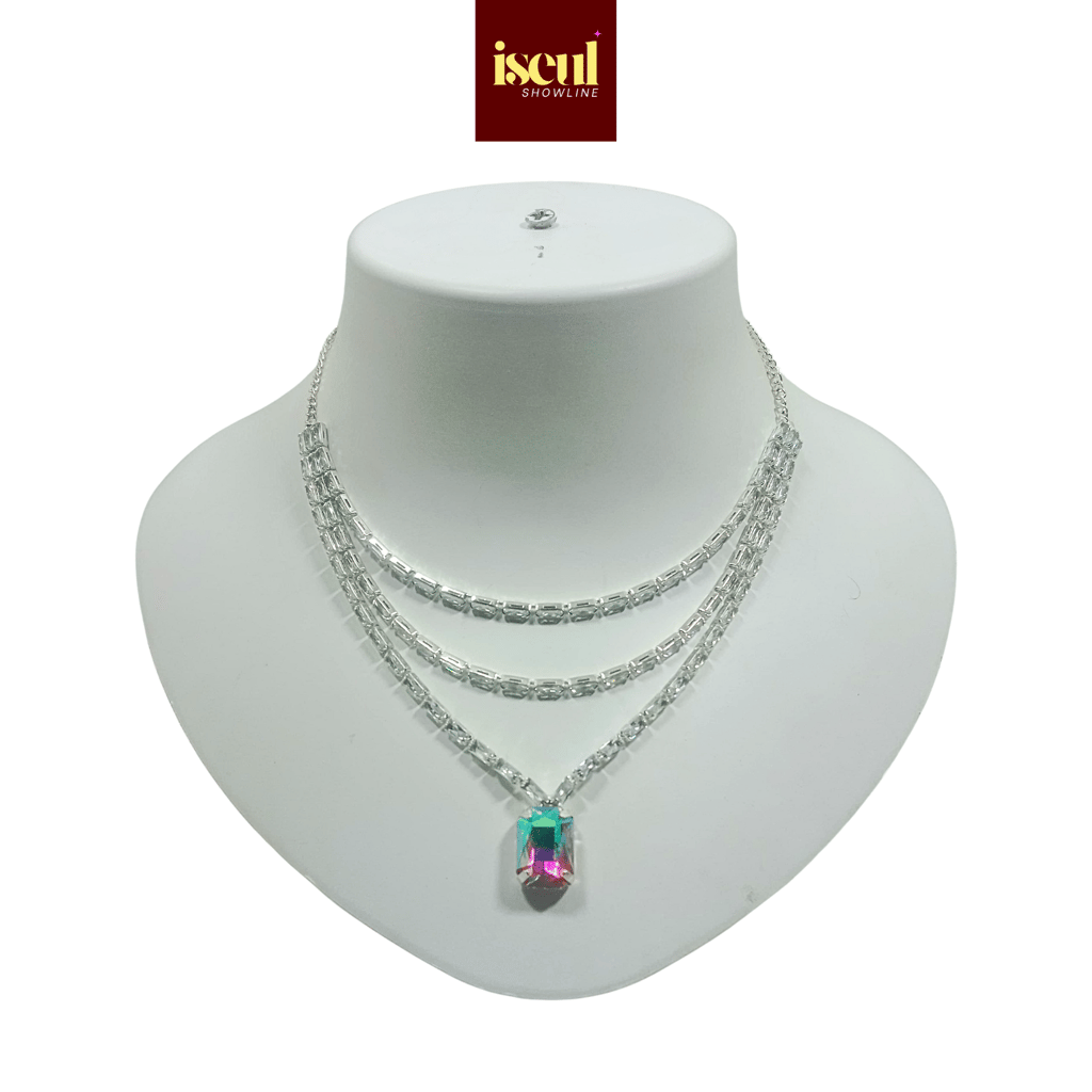 Iseul Showline - Luxury Handcrafted Silver-Toned Short Necklace Set with Rectangular Pendant, matching Earrings, Multishade view 2