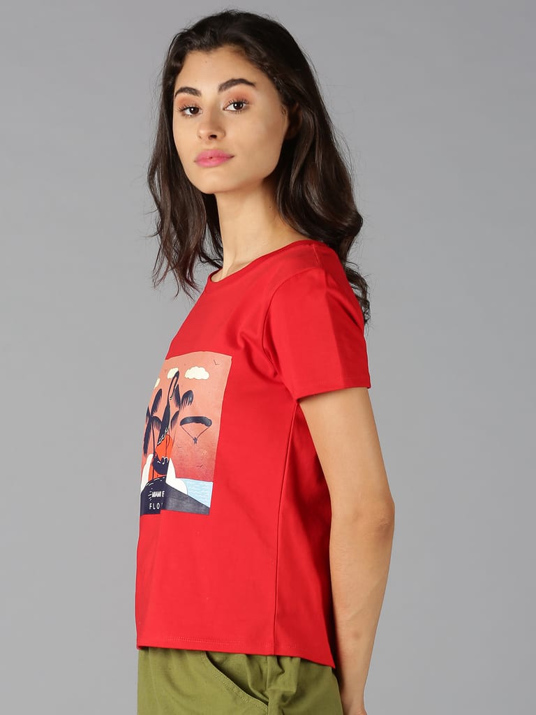 Cotton Red Graphic Casual T-Shirt view 2