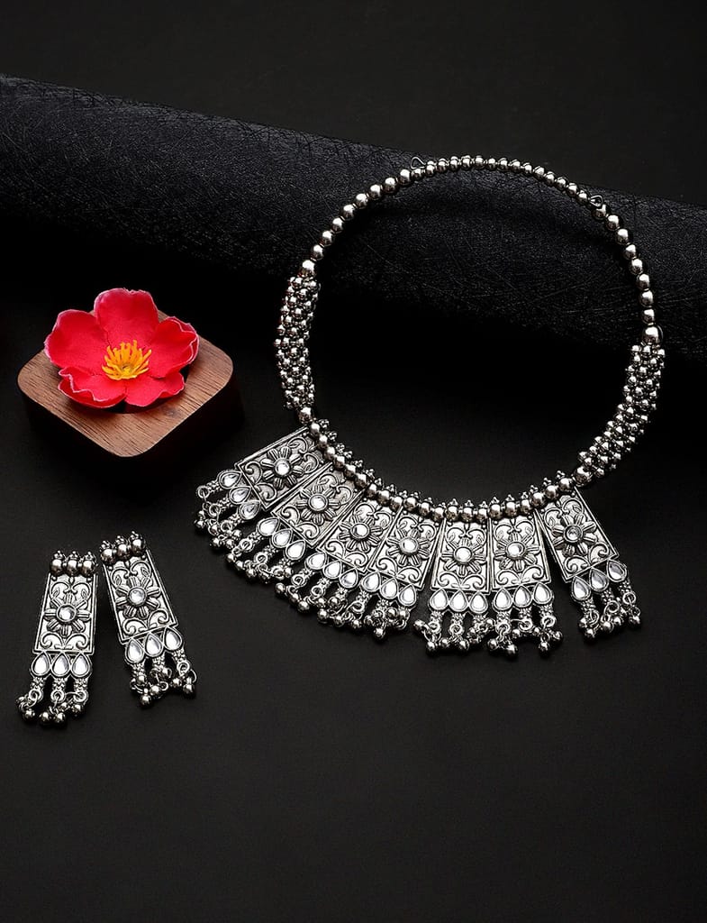 Cardinal Oxidized Silver Color White Stone Choker Necklace Set view 2
