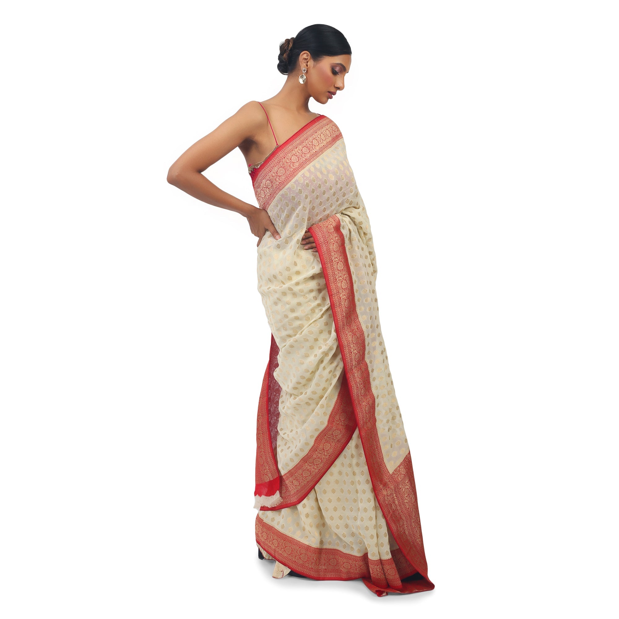 TheHangr White Soft Georgette Saree With Banarsi Print view 2
