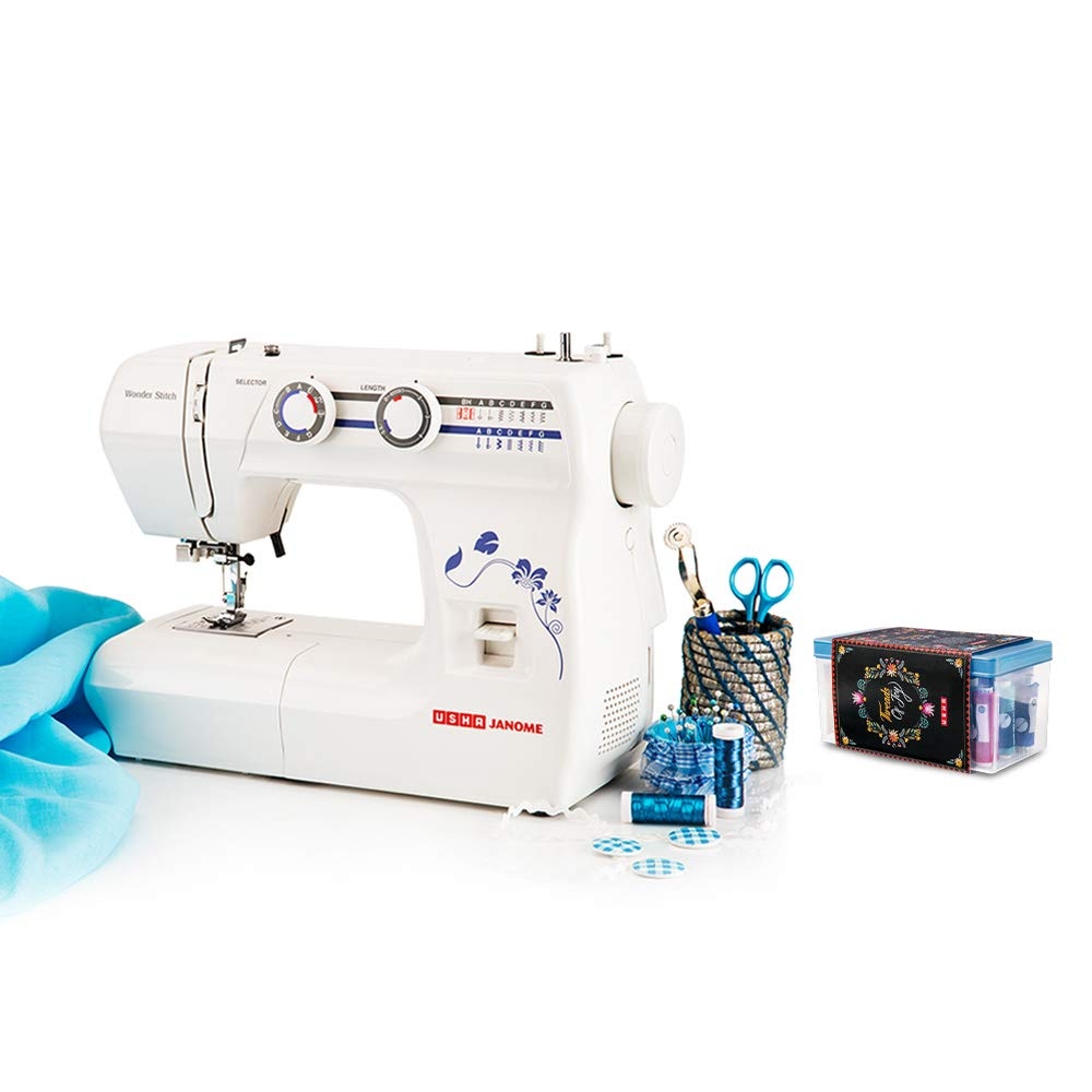 Usha Janome Wonder Stitch Automatic Zig-Zag Electric Sewing Machine, 13 Built-In-Stitches| 21 stitch Function with Free Sewing KIT Worth RS 500 And complementary Sewing Lessons in Nine languages - White