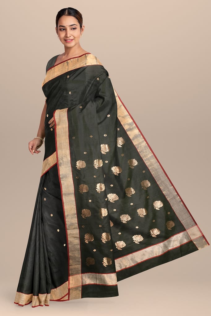 Dark Mehandi Green Handwoven Traditional Floral Buta Chanderi With Golden Zari Border SKU - BS10142 view 2